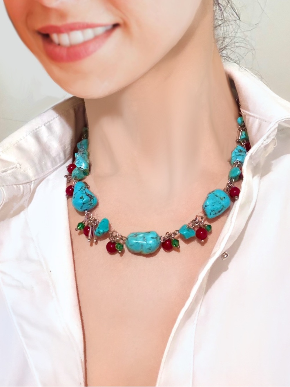 Just in💕 Genuine Turquoise Stone and cherry red Bead Necklace